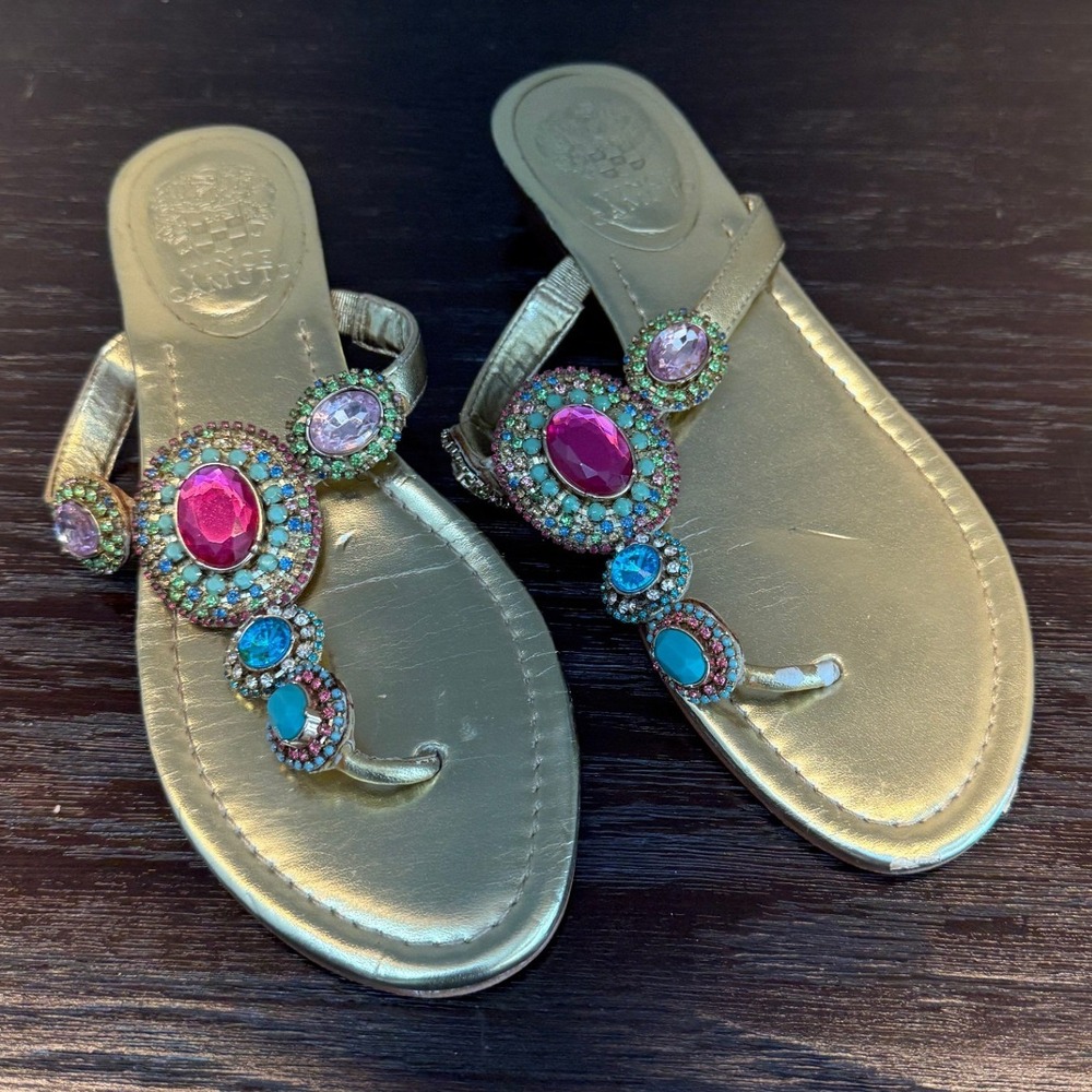 Vince Camuto Gold Metallic Jeweled Thong Wedge Sandals Multi Color Gems 7.5M